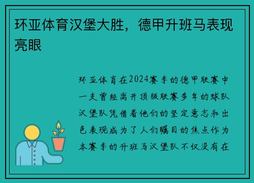 环亚体育汉堡大胜，德甲升班马表现亮眼